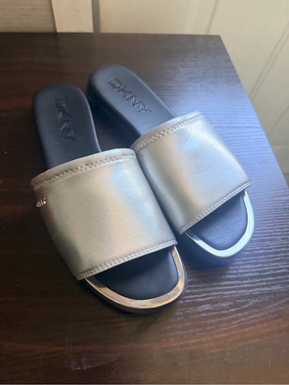 DKNY Silver Slide Sandals with Black Footbed